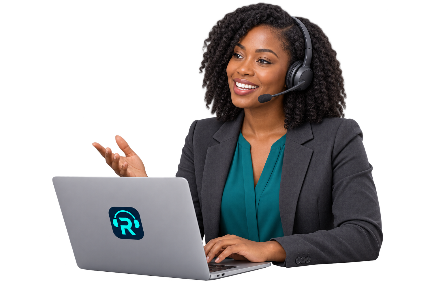 RoboRep sales representative using a headset and branded laptop